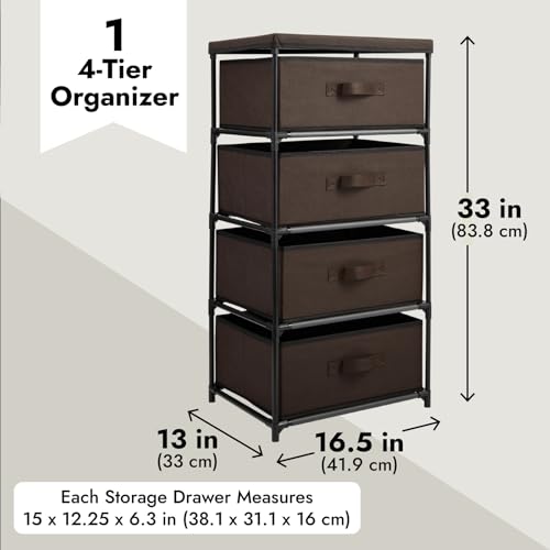 Juvale 4-Tier Fabric Drawer Organizer, Narrow Storage Tower with Metal Frame, 4 Removable Drawers for Home, Office, Dorm, Entryway and Living Spaces, Dark Brown, 16.5 x 13 x 33 Inches