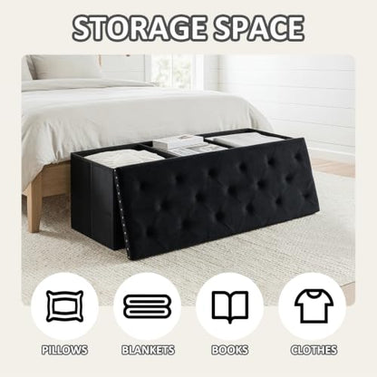 Black Storage Ottoman Bench for Bedroom, Folding Velvet Chest with Benches Foot Rest Stool, Large Long Shoes Chest for Bedroom, Living Room, 43.3"x15.7"x15.7"