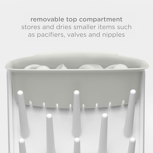 Ubbi Vertical Baby Bottle Drying Rack, Space Saving Countertop Bottle Dryer | 13-Peg Bottle Drying Rack Removable Drain Tray, Baby Organizer for Pump Parts, Pacifiers & Accessories, Dishwasher Safe, Oat