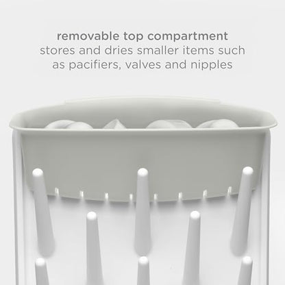 Ubbi Vertical Baby Bottle Drying Rack, Space Saving Countertop Bottle Dryer | 13-Peg Bottle Drying Rack Removable Drain Tray, Baby Organizer for Pump Parts, Pacifiers & Accessories, Dishwasher Safe, Oat