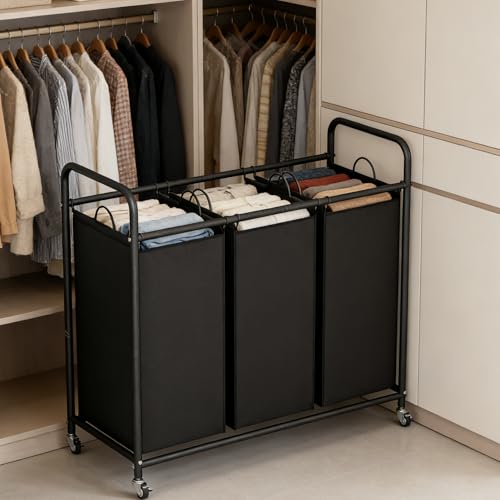LINZINAR 3 Section Laundry Hamper, Black Laundry Basket 135L Laundry Sorter | Laundry Room Organization with Heavy Duty Rolling Lockable Wheels and Removable Bag, Bedroom Laundry Cart for Clothes Storage