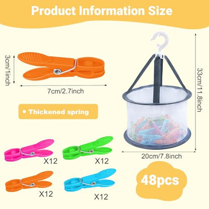 48 Pcs Colorful Plastic Clothes Pins with Clothespin Bag, Clothespins Basket Heavy Duty Laundry Clothes Pins Clips with Springs, Clothes Drying Line Pegs Towel Clips Picture Clips Food Clips
