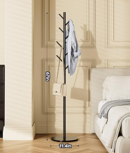 Coat Rack with 8 Hooks, 3 Adjustable Heights, Modern Hall Tree, Sturdy Metal Clothes Stand with Sintered Stone Base for Entryway, Office, Bedroom, for Coats, Hats, Handbags and Scarves, Black