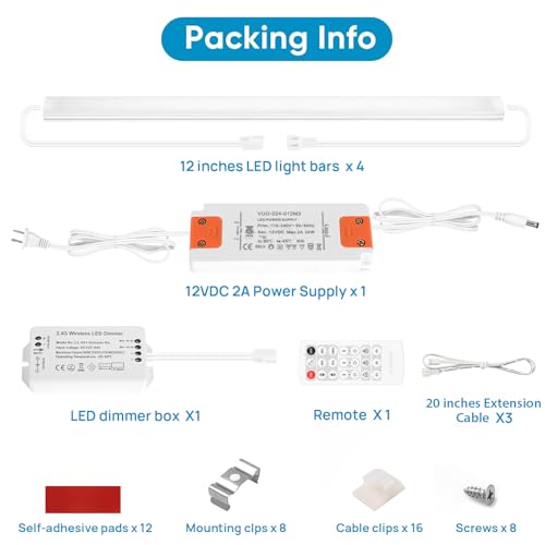 Under Cabinet Lighting Kit Plug in 21W 3000K Dimmable with Remote | 1 Remote Controls Multiple Light Kits Synchronously. For Kitchen Under Above Cabinets Counters Shelf Display Warm White 3000K