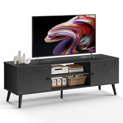 DUMOS TV Stand for 55 60 inch TV, Modern Mid Century Entertainment Center with Storage, Wooden Media Console Table with 2 Cabinets, for Living Room, Bedroom, Black