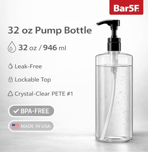 Bar5F Empty Pump Bottles 32 oz. (1-Liter) BPA-Free Crystal-Clear USA 2-Pack | Large Refillable Containers for Shampoo, Conditioner, Body Wash, Lotion, Gel, Laundry Detergent, Hand Soap