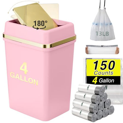 Pink Bathroom Trash Can with Lid 4 Gallon Trash Can Bedroom Trash Can Small Garbage Can with 150 Counts Trash Bags for Small Bathroom Bedroom Office