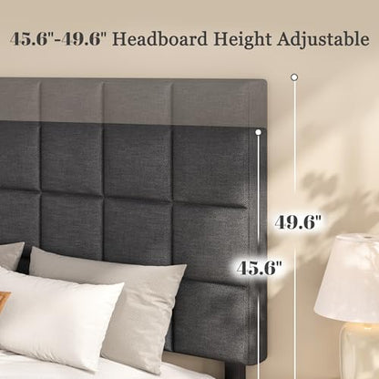 Queen Platform Bed Frame with Linen Upholstered Adjustable Tall Headboard, No Box Spring Needed, Anti-Noise EVA Sponge, Easy Assembly, One-Box Shipping, 7.5 Inch Under Bed Storage, Dark Grey