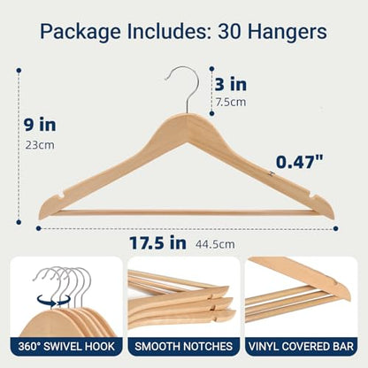 Amber Home 30 Pack Natural Wooden Coat Hangers, Wood Suit Hangers | Heavy Duty Hangers with Non-slip Pants Bar, Clothes Hangers for Closet Organization, Shirts, Jackets, Dresses, and Pants