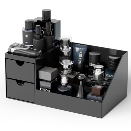 Makeup Organizer with 2 Drawer,Black Cologne Organizer for Men,Cologne Stand and Rack,Skin Care,Perfume Organizer Holder and Fragrance Shelf for Vanity,Bathroom Countertop and Dresser Top,1PCS