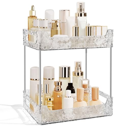 2-Tier Bathroom Counter Organizer Countertop Storage, Dresser Organizer Vanity Tray for Makeup, Perfume Organizer Cosmetics Skincare Shelf - Clear