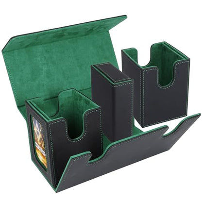AFIING MTG Commander Card Storage Box - Fits 200 Double Sleeved Cards,3-in-1Card Deck Case,Strong Magnet Card Organizer For Magic Commander TCG CCG,4Dividers &2 Toploaders, Black/Green
