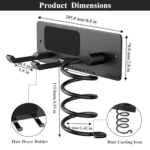 Hair Dryer Holder + Curling Iron Holder,Blow Dryer Holder Wall Mount, Bathroom Hair Tool Organizer Rack for Universal Dryer Matte Black
