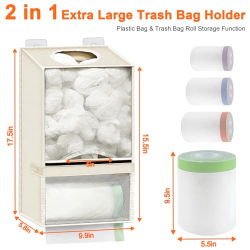 Plastic Bag Holder - Large Wall Mount Grocery Bag Holder & Dispenser for Home Kitchen, 2-in-1 Space-Saving Durable Organizer House Necessities, Beige