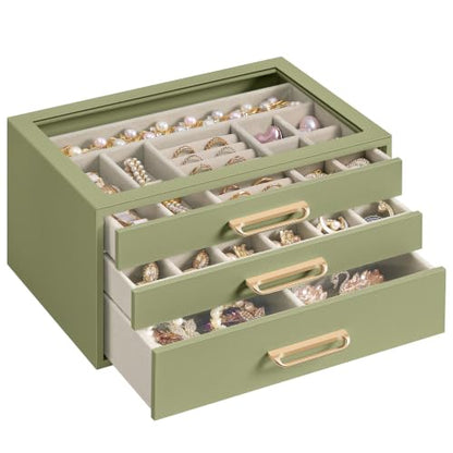 SONGMICS Jewelry Box with Glass Window, 3-Layer Organizer | Jewelry storage organizer with 3 drawers, Golden Handles, for Rings, Earrings, Bracelets, Gift Idea, Sage Green UJBC206CE01S
