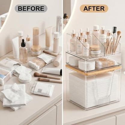 SPOSPO 3-in-1 Disposable Facial Towel Holder & Makeup Organizer | Cotton Ball/Swabs Dispenser, Vanity Holder with Bamboo Lid Compatible with Clean Skin Club Towel XL for Bathroom Coutertop