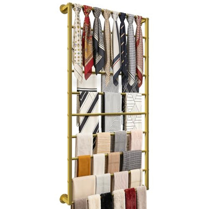 Wall Mounted Scarf Rack, Hijab Hanger Organizer (Gold, 10T-23.6×47.2IN) | Gold Metal Silk Scarves Racks Wrapping Tissue Paper Ribbon Holder Towels Storage Display for Flower Shop Retail Store
