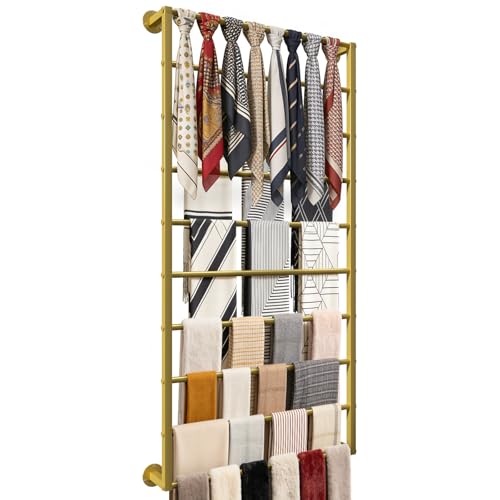 Wall Mounted Scarf Rack, Hijab Hanger Organizer (Gold, 10T-23.6×47.2IN) | Gold Metal Silk Scarves Racks Wrapping Tissue Paper Ribbon Holder Towels Storage Display for Flower Shop Retail Store