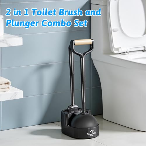 Toilet Brush and Plunger Set, Curved Head Deep Clean, Black 2 Pack | Brush and Plunger set, Curved Nylon Bristles for Deep Clean, Strong Suction Plunger, Ventilated Holder for Quickly Air Dry