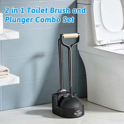 Toilet Brush and Plunger Set, Curved Head Deep Clean, Black 2 Pack | Brush and Plunger set, Curved Nylon Bristles for Deep Clean, Strong Suction Plunger, Ventilated Holder for Quickly Air Dry
