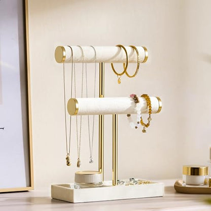 bussdis 2 Tier Bracelet Holder Display, Necklace Holder Organizer, Beige | Velvet Necklace Holder | Jewelry Tree | Jewelry Towers | Jewelry Stand Organizer for Necklaces, Bracelets, Earrings, Rings