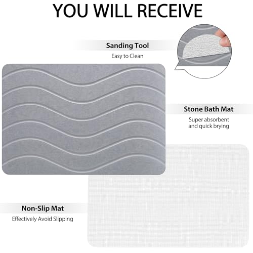 Absorbent Stone Bath Mat, Diatomaceous Earth Shower Mats, Non-Slip Water Absorbing Diatomite Stone Mat for Bathroom Floor, Quick-Drying Easy to Clean (23" x 16" Gray)