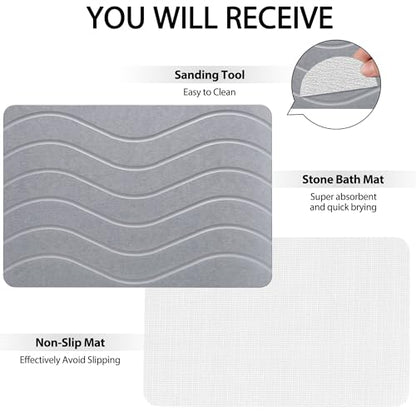 Absorbent Stone Bath Mat, Diatomaceous Earth Shower Mats, Non-Slip Water Absorbing Diatomite Stone Mat for Bathroom Floor, Quick-Drying Easy to Clean (23" x 16" Gray)