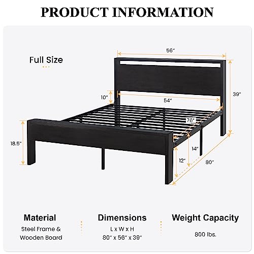 SHA CERLIN Full Size Bed Frame, Wooden Headboard and Footboard, Black Oak | Rounded Corners, 12 Metal Slats, Noise-Free Design, 12-Inch Storage, No Box Spring, 40-Minute Assembly