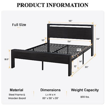 SHA CERLIN Full Size Bed Frame, Wooden Headboard and Footboard, Black Oak | Rounded Corners, 12 Metal Slats, Noise-Free Design, 12-Inch Storage, No Box Spring, 40-Minute Assembly