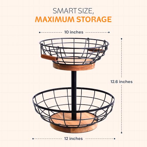 2 Tier Fruit Basket with Banana Hanger, Metal Fruit Bowl Stand with Wooden Base, Kitchen Counter Fruit Organizer for Vegetables, Bread, Snacks Storage Basket