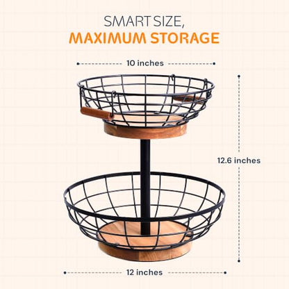 2 Tier Fruit Basket with Banana Hanger, Metal Fruit Bowl Stand with Wooden Base, Kitchen Counter Fruit Organizer for Vegetables, Bread, Snacks Storage Basket