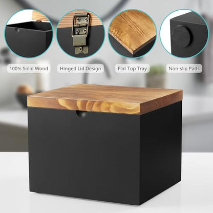 Disposable Face Towel Holder, Wooden Face Towel Container Compatible with Clean Towels XL, Face Towels Storage Box with Lid, Makeup Remover Organizer for Vanity, Bathroom, Black