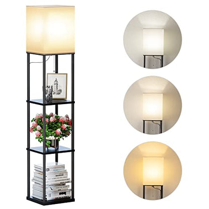 SUNMORY Floor Lamp with Shelves, Standing Lamps for Living Room, Black | 3 CCT LED Bulb Include, 4-Tier Display Bookshelf, 63" Tall Corner Shelf Lamp, Modern Style for Bedroom, Office, Home Decor