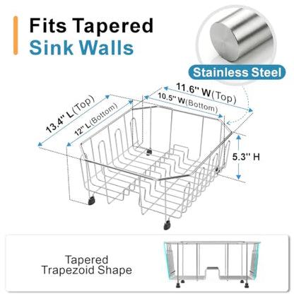 Small in Sink Dish Drying Rack - Stainless Steel for RV Kitchen | Compact Design for Apartments, 1-2 Person, Utensil Holder, Cup Hooks, Angled Corners Fit Square & Round Sinks, 11.6" x 13.4"