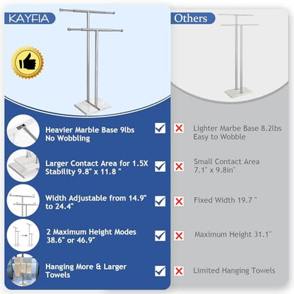 Kayfia 40'' Stainless Steel Towel Rack, Weighted Marble Base, 2 Tier | Width Adjustable Taller Design, Brushed Stainless Steel Finish, Stable Weighted Base, Suitable For Multiple Bathroom Spaces