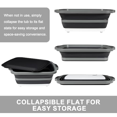 Tiawudi Large Collapsible BBQ Prep Tub with Lid(4.22 Gal/16L), Foldable Camping Sink with Colander, Cutting Board, Dish Basin for Kitchen, Bowl, Vegetable and Fruit, Storage Basket for Picnic