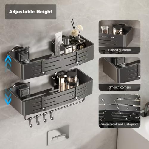 Shower Caddy Suction Cup, 2 Pack Shower Shelves for Inside Shower No Drilling, Aluminum Suction Showers Organizer with Towel Bar & Hooks Removable Bathroom Shelf Storage Rack(Gray)