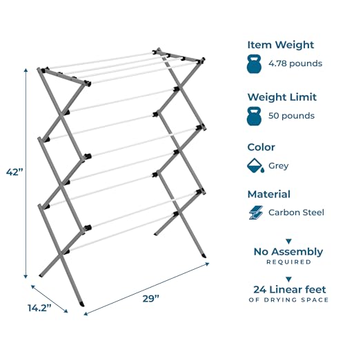 Honey-Can-Do 6-Tier Collapsible Steel Clothes Drying Rack, 24 ft, White | 6-tier steel rack with 24 ft of drying space folds flat to 3 in. Coated bars are gentle on delicates; 50 lb capacity.