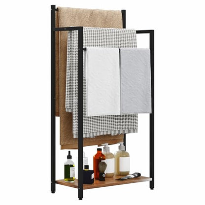 16.9" W Freestanding Towel Rack with Rustic Brown Wood Shelf | 3 Tier Blanket Ladder Stand for Bathroom Living Room, Metal Frame,31.5"H x 16.9"W x7.9"D