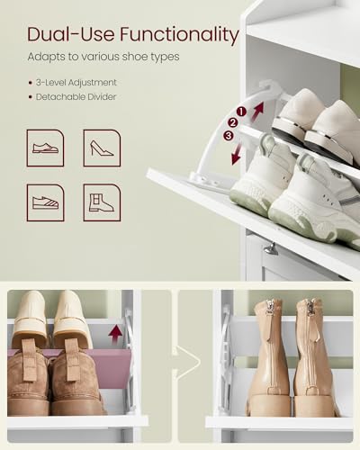 VASAGLE Shoe Organizer, Adjustable Dividers, Cloud White | Adjustable and Removable Dividers, Shoe Cabinet, 3 Flip Drawers, Holds 12-20 Pairs, Entryway, 9.4 x 23.6 x 47.7 Inches