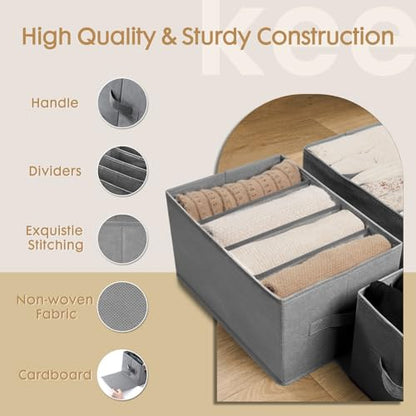 6 Pack Large Clothes Organizer, Wardrobe Closet Organizer and Storage with Handles, Foldable Fabric Closet Organizers Dividers for Clothing, Pants, Jeans, Sweater, T-shirts, Grey