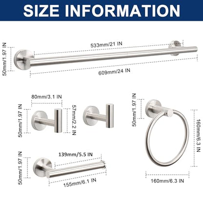 NearMoon 5 Pieces Bathroom Hardware Set SUS304 Thicken Stainless Steel-Towel Rack Kit Include 24" Towel Rod +Bath Towel Ring +Toilet Paper Holder +2 Robe Towel Hooks Bath Accessories (Nickel)