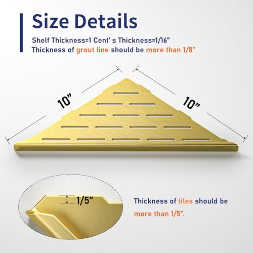 Corner Shower Shelf 10", Gold | 304 Stainless Steel Bathroom Shelf for Tiled Wall, Grout in Shelves, 2 Pack