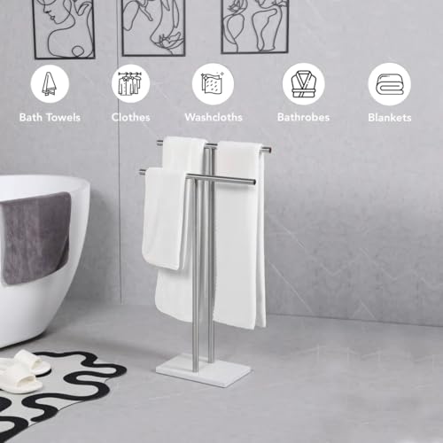 Free Standing Towel Rack for Bathroom - Brushed Nickel Finish - Stand Alone 2 Tier Stainless Steel Towel Rack for Bathroom Floor with Heavy Marble Base, Double T Shape Drying Stand for Towels