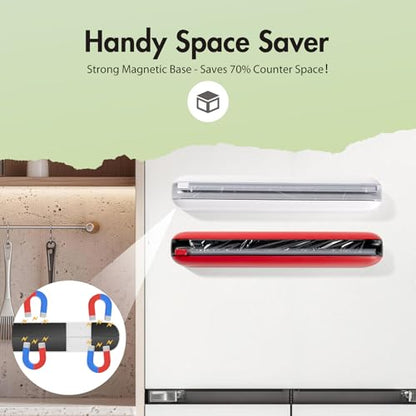 Aluminum Foil & Plastic Wrap Dispenser with Cutter - Easy One-Hand Operation, Space-Saving Kitchen Organizer for Worktops & Cabinets, Magnetic Cling Film Dispenser - Fits 12" Rolls, Gray