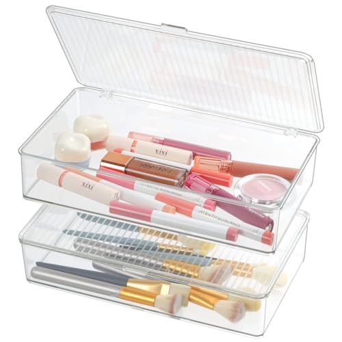 ZEXALOR Pack of 2 Clear Storage Bins with Lids, Small Storage Containers Boxes with Lids, Dresser Organizer, Tea Bag Organizer, Freezer Bin, Plastic Drawer Organizers (10.6×6.1×2.3“)