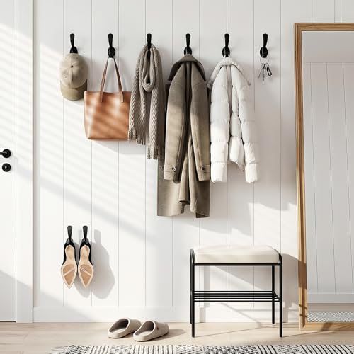 Heavy Duty Coat Hooks - 6 Pack Aluminum Alloy Wall Mounted Hooks for Hanging Jacket, Clothes, Bags, Hat | Durable Metal Utility Wall Hooks for Entryway, Closet, Mudroom, Bathroom, Garage