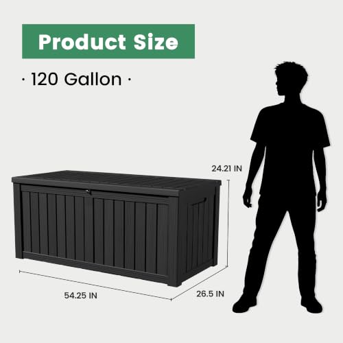 120 Gallon Outdoor Storage Box, Waterproof Resin Deck Box for Indoor & Outdoor Use, Lockable Storage Bench with Piston Hinge, Storage Bin for Patio Cushions, Garden Tools, Package Delivery