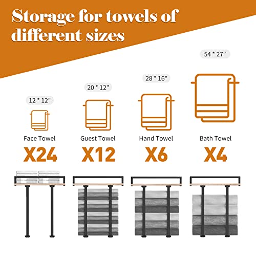 Xstydes Towel Racks for Bathroom Wall Mounted, Metal Towel Holder with Wooden Shelf for Folding Large Towels, Towel Storage for Small Bathroom Organizer Decor or RV Camping