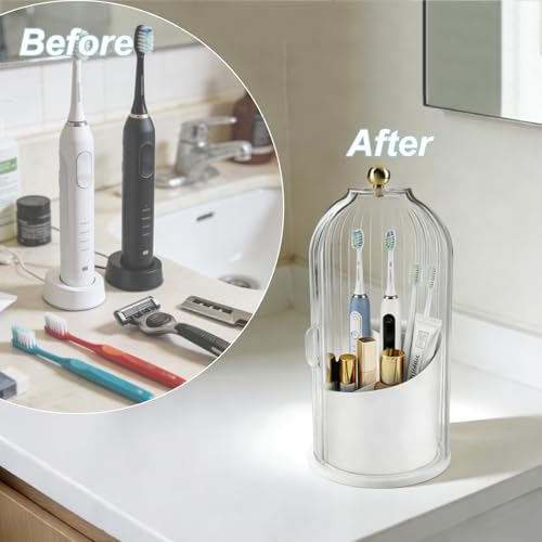 Bathroom Toothbrush Holder Organizer, 360° Rotating Toothbrush Storage Caddy with Dustproof Cover, Countertop Toothpaste Holder for Electric Toothbrushes, Makeup Brushes